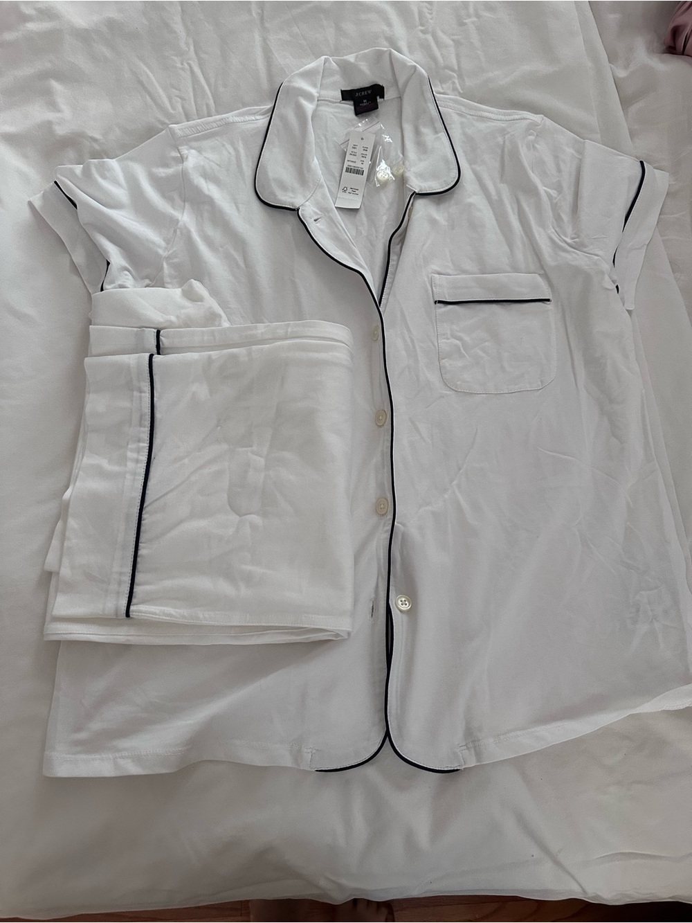 J. Crew White Short Sleeve Pajama Set with Black Piping